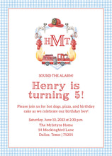Load image into Gallery viewer, Firetruck Birthday Invitation Watercolor / Firetruck Party Invitation / Fireman Birthday Invite / Firetruck / Little Boy Birthday / Preppy

