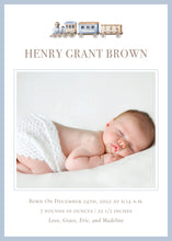 Load image into Gallery viewer, Watercolor Train Baby Birth Announcement / Classic Baby Announcement /  Preppy Baby Announcement  / Blue / Boy / Pink / Photo / Invitation
