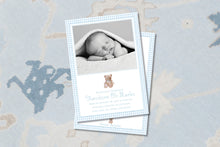 Load image into Gallery viewer, Baby Birth Announcement / Gingham / Teddy Bear / Classic / Birth / Blue /Newborn / Boy / Invitation / Watercolor / Preppy / Photo

