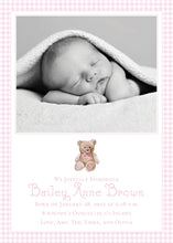 Load image into Gallery viewer, Watercolor Baby Girl Birth Announcement / Teddy Bear / Pink Gingham / Classic / Birth / Pink / Newborn / Classic Baby Shower Printable
