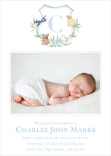Load image into Gallery viewer, Watercolor Crest Baby Birth Announcement / Gingham / Classic / Birth / Blue /Newborn / Girl / Boy / Invitation / Watercolor / Preppy / Photo
