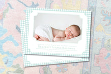 Load image into Gallery viewer, Baby Birth Announcement / Gingham / Classic / Baby / Birth / Green /Newborn / Girl / Boy / Invitation / Watercolor / Preppy
