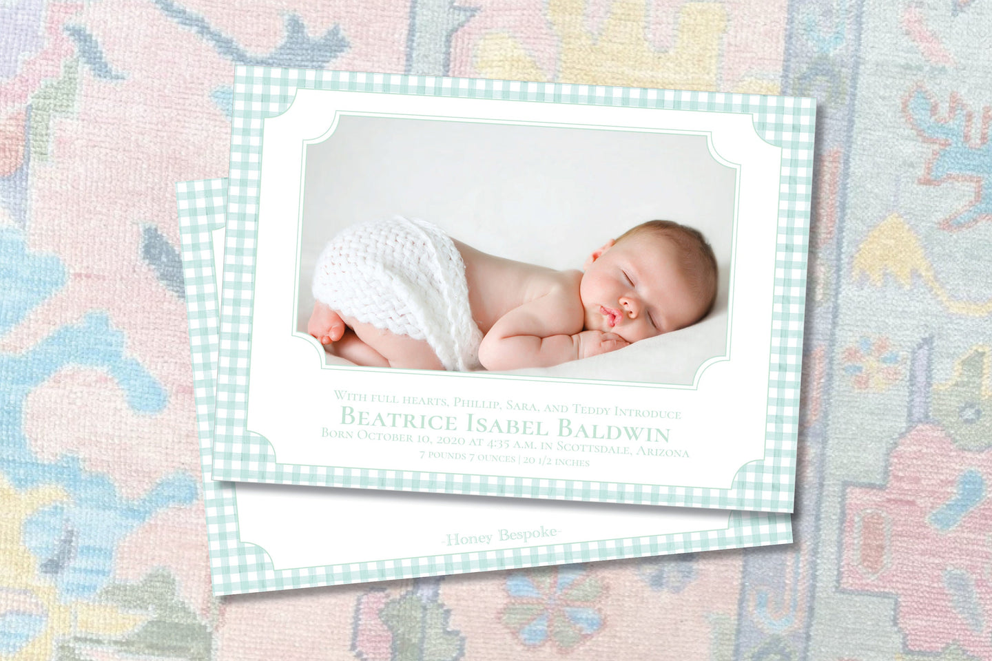 Baby Birth Announcement / Gingham / Classic / Baby / Birth / Green /Newborn / Girl / Boy / Invitation / Watercolor / Preppy