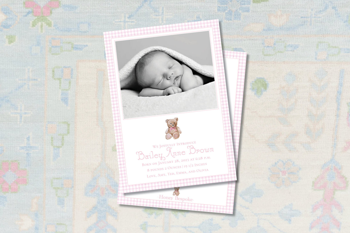 Watercolor Baby Girl Birth Announcement / Teddy Bear / Pink Gingham / Classic / Birth / Pink / Newborn / Classic Baby Shower Printable