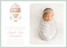 Load image into Gallery viewer, Watercolor Personalized Baby Birth Announcement / Watercolor Hot Air Balloon Photo Card / Floral Birth / Girl / Invitation / Preppy / Photo
