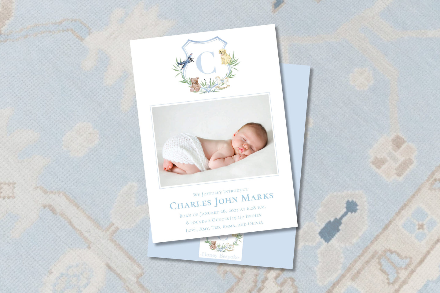Watercolor Crest Baby Birth Announcement / Gingham / Classic / Birth / Blue /Newborn / Girl / Boy / Invitation / Watercolor / Preppy / Photo