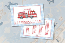 Load image into Gallery viewer, Personalized Firetruck Placemat / Watercolor Firetruck Placemat / Educational Placemat / Laminated Placemat / Boys Placemat
