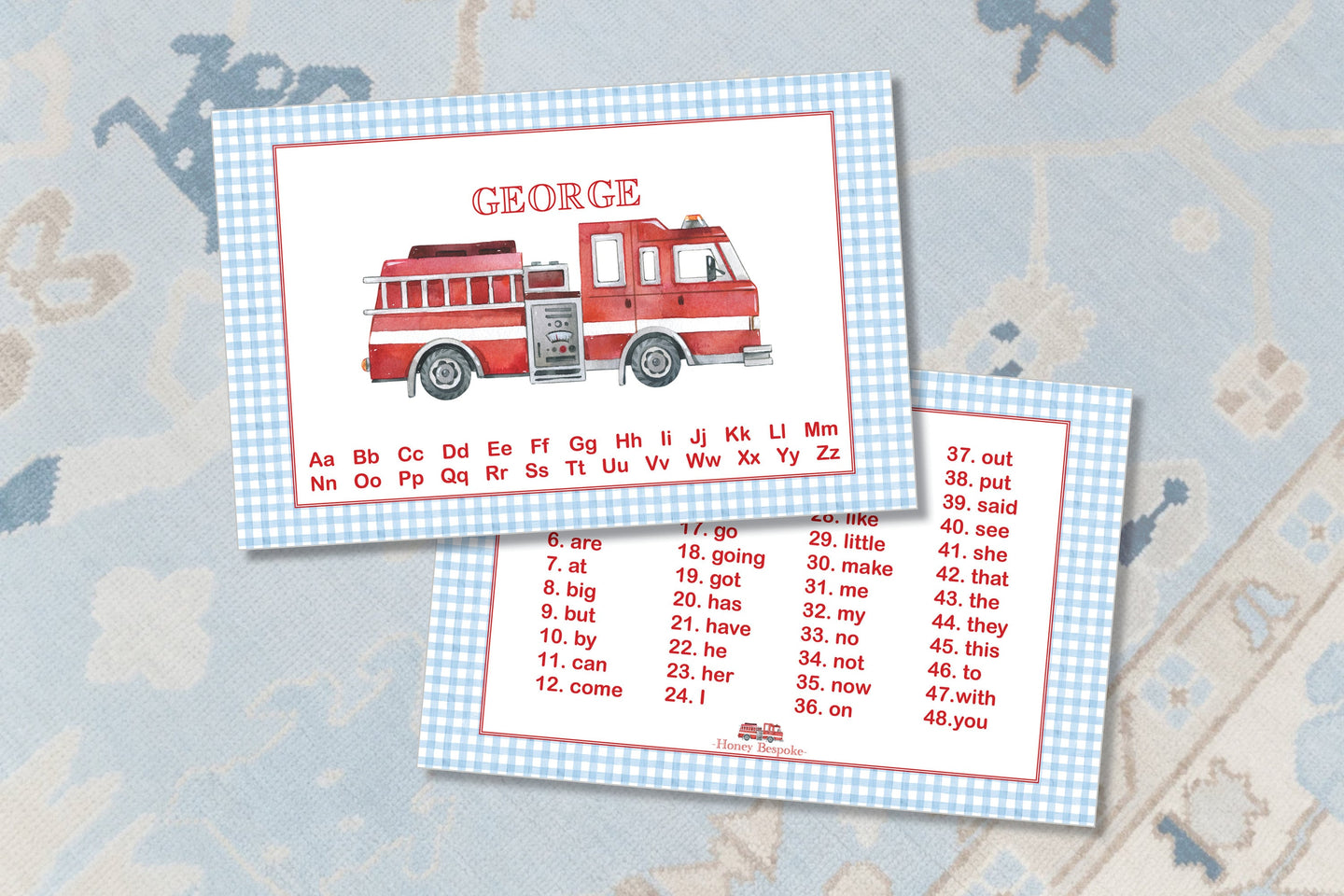 Personalized Firetruck Placemat / Watercolor Firetruck Placemat / Educational Placemat / Laminated Placemat / Boys Placemat