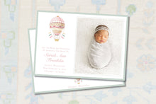 Load image into Gallery viewer, Watercolor Personalized Baby Birth Announcement / Watercolor Hot Air Balloon Photo Card / Floral Birth / Girl / Invitation / Preppy / Photo
