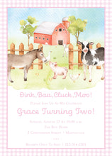 Load image into Gallery viewer, Pink Oink Moo Cockadoodle Doo Birthday Invitation / Farmer Birthday Party Invite / Charlottes Web Birthday /  Little Girl Birthday / Preppy

