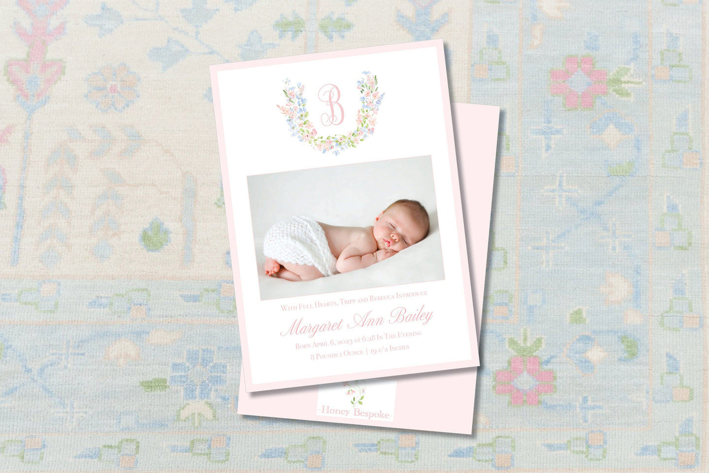Watercolor Personalized Baby Birth Announcement / Watercolor Floral Crest Photo Card / Floral Birth / Girl / Invitation / Preppy / Photo