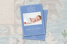 Load image into Gallery viewer, Wedgwood Inspired Personalized Baby Birth Announcement / Baby Photo Card / Wedgwood Blue / Girl / Boy / Preppy / Photo
