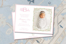 Load image into Gallery viewer, Watercolor Personalized Baby Birth Announcement / Watercolor Floral Crest Photo Card /Monogram Floral Frame / Girl / Invitation / Preppy
