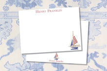 Load image into Gallery viewer, Watercolor Personalized Sailboat Stationery / Preppy Sailboat Notecards / Boys Stationery / Classic / Preppy / Nantucket Stationery
