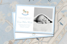 Load image into Gallery viewer, Baby Boy Birth Announcement / Gingham / Classic / Rocking Horse / Blue /Newborn / Watercolor Rocking Horse / Watercolor / Preppy / Photo

