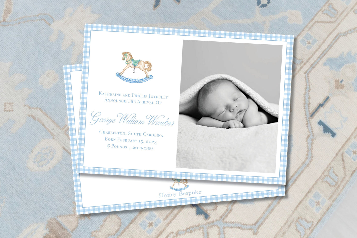 Baby Boy Birth Announcement / Gingham / Classic / Rocking Horse / Blue /Newborn / Watercolor Rocking Horse / Watercolor / Preppy / Photo