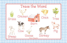 Load image into Gallery viewer, Laminated Personalized Farm Placemat / Watercolor Farm Animals Placemat / Educational Placemat / Laminated Placemat / Boys Placemat
