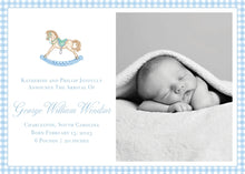 Load image into Gallery viewer, Baby Boy Birth Announcement / Gingham / Classic / Rocking Horse / Blue /Newborn / Watercolor Rocking Horse / Watercolor / Preppy / Photo
