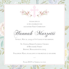 Load image into Gallery viewer, Watercolor Baptism Invite With Cross / First Communion Invitation / Dedication Pink / Preppy/ Christening / Baby Girl / Personalized
