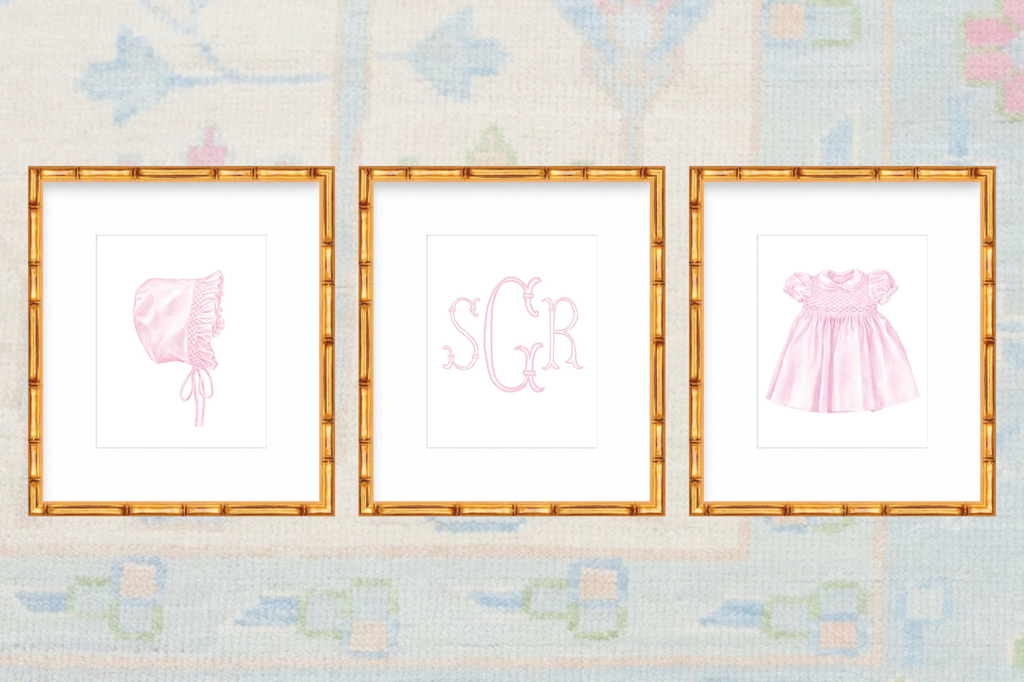Watercolor Grandmillennial Art Prints With Smocked Dress, Bonnet, and Monogram
