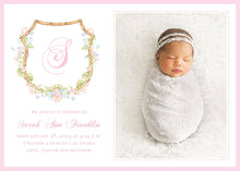 Load image into Gallery viewer, Personalized Watercolor Crest Baby Birth Announcement /  Monogram Pink Photo Card / Printable Birth Card/ Birth / Girl / Preppy / Photo
