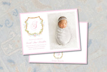Load image into Gallery viewer, Personalized Watercolor Crest Baby Birth Announcement /  Monogram Pink Photo Card / Printable Birth Card/ Birth / Girl / Preppy / Photo
