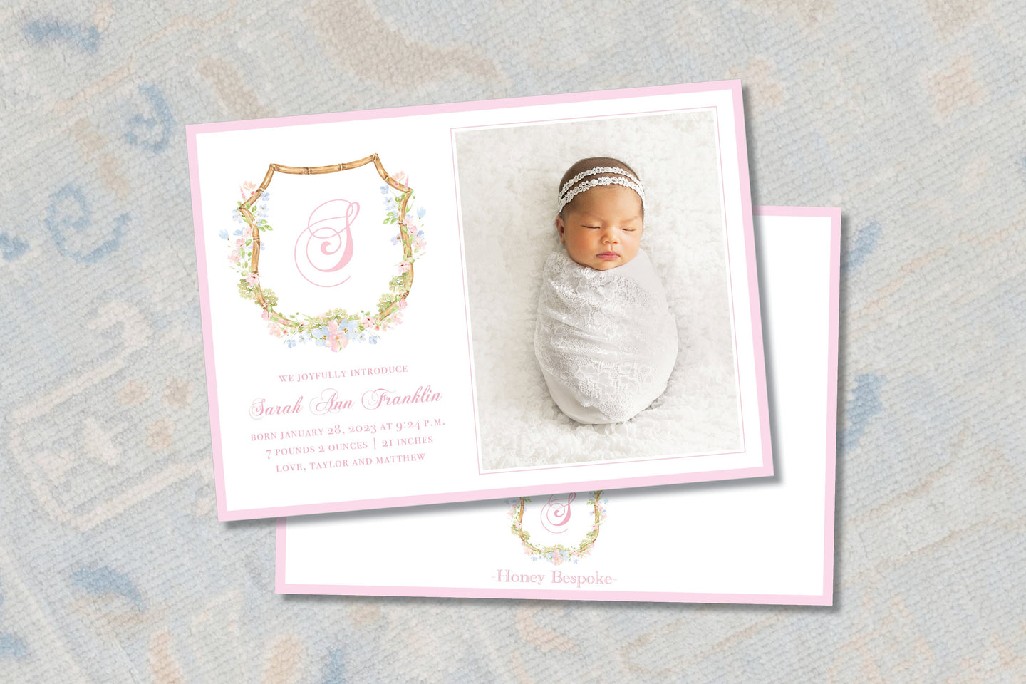 Personalized Watercolor Crest Baby Birth Announcement /  Monogram Pink Photo Card / Printable Birth Card/ Birth / Girl / Preppy / Photo
