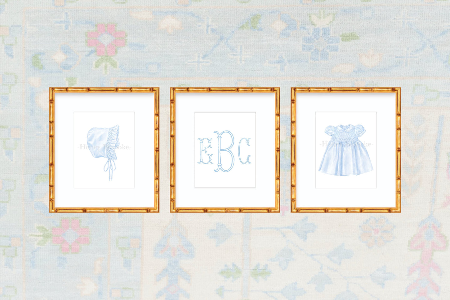 Grandmillennial Baby Art Print / Watercolor Nursery / Heirloom Dress / Girl Art Print / Baby Bonnet / Baby Shower Gift / Preppy Nursery