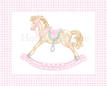 Load image into Gallery viewer, Watercolor Grandmillennial Rocking Horse, Bow, and Monogram Art Prints
