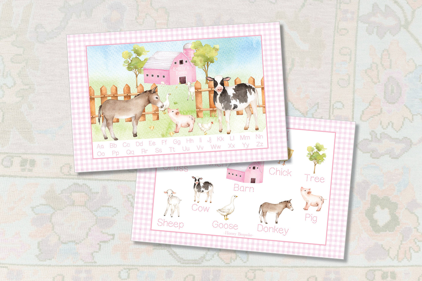 Laminated Personalized Pink Farm Placemat / Watercolor Farm Animals Placemat / Educational Placemat / Laminated Placemat / Girls Placemats