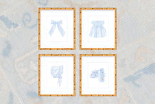 Load image into Gallery viewer, Grandmillennial Watercolor Bonnet, Smocked Heirloom Dress, Bow, and Baby Booties Art Prints

