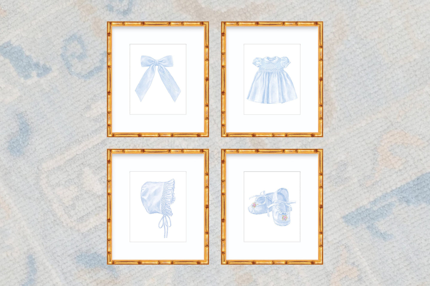 Grandmillennial Watercolor Bonnet, Smocked Heirloom Dress, Bow, and Baby Booties Art Prints