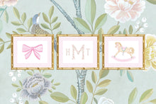 Load image into Gallery viewer, Watercolor Grandmillennial Rocking Horse, Bow, and Monogram Art Prints
