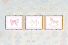 Load image into Gallery viewer, Watercolor Grandmillennial Rocking Horse, Bow, and Monogram Art Prints
