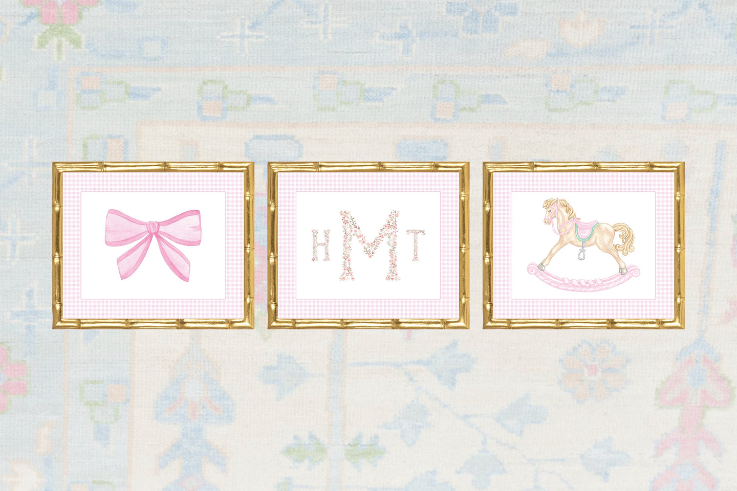 Watercolor Grandmillennial Rocking Horse, Bow, and Monogram Art Prints