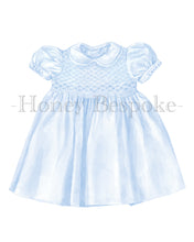 Load image into Gallery viewer, Watercolor Baby Girl Nursery Art Print / Grandmillennial Nursery / Blue Girl Art Print / Girl Nursery / Smocked Dress / Baby Shower Gift
